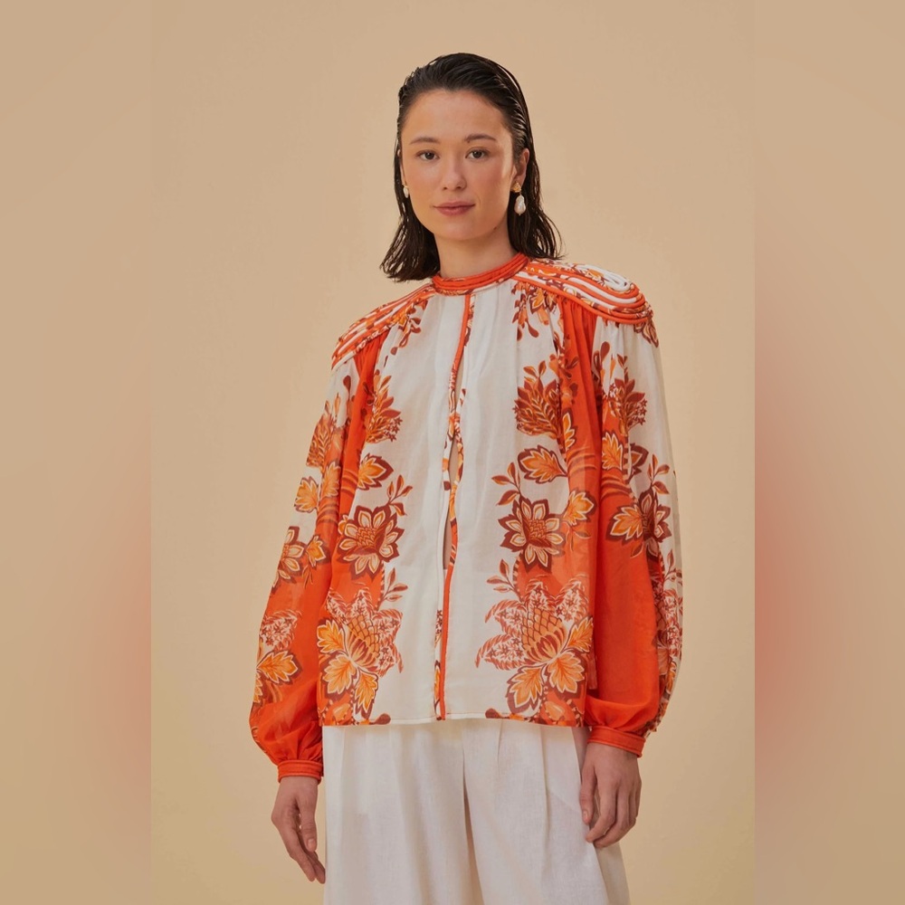 FARM RIO Orange Aura Piping Trim Organic Cotton Blouse